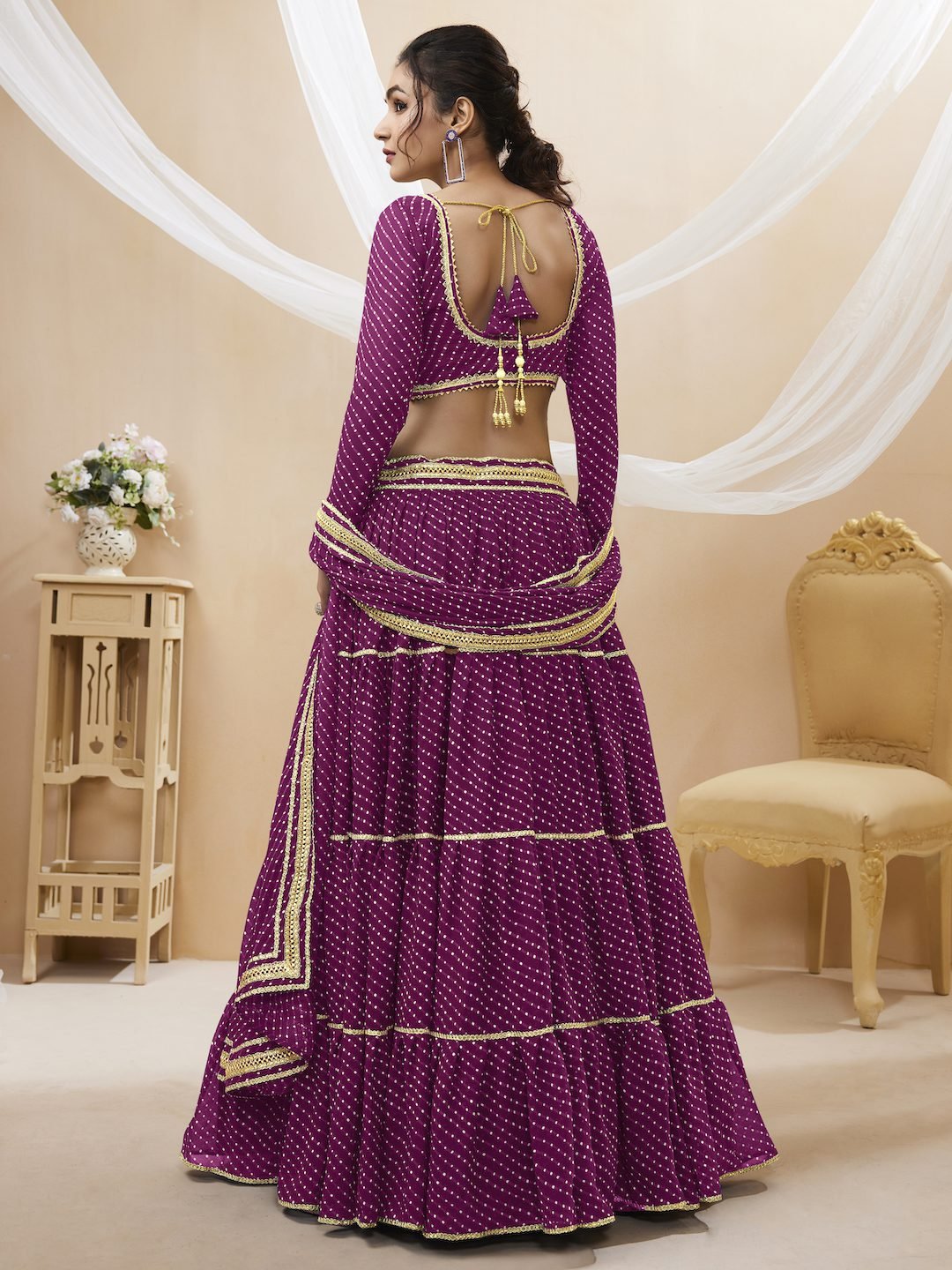 Purple Georgette Leheriya Printed Lehenga With Lace Work
