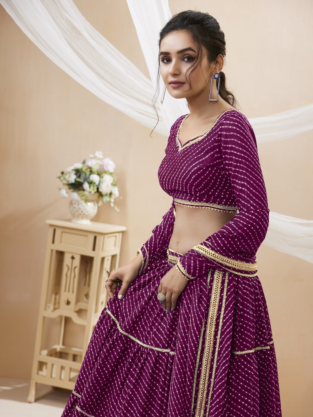 Purple Georgette Leheriya Printed Lehenga With Lace Work