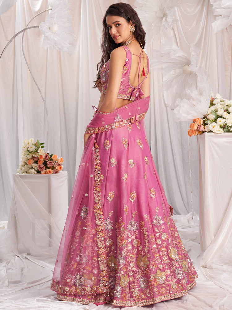 Pink - Organza Patch Embroidered Semi-Stitched Lehenga Choli