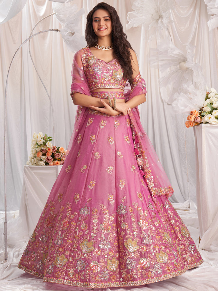Pink - Organza Patch Embroidered Semi-Stitched Lehenga Choli