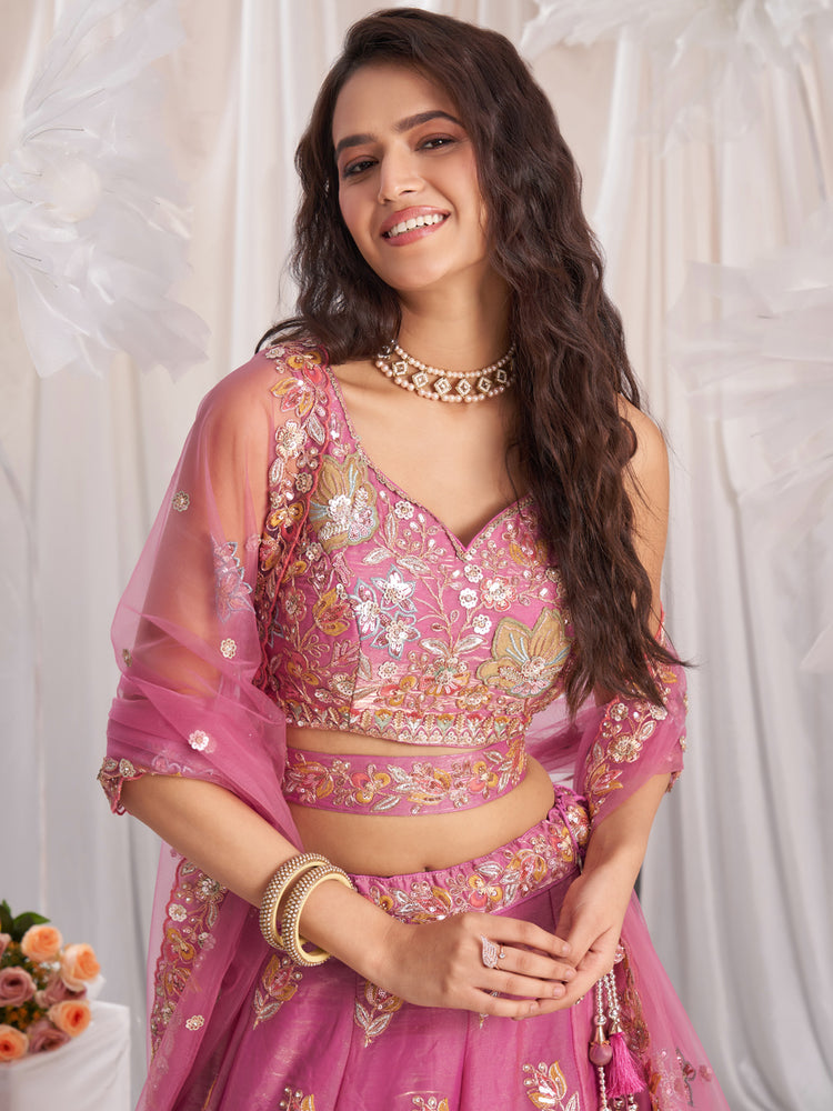 Pink - Organza Patch Embroidered Semi-Stitched Lehenga Choli