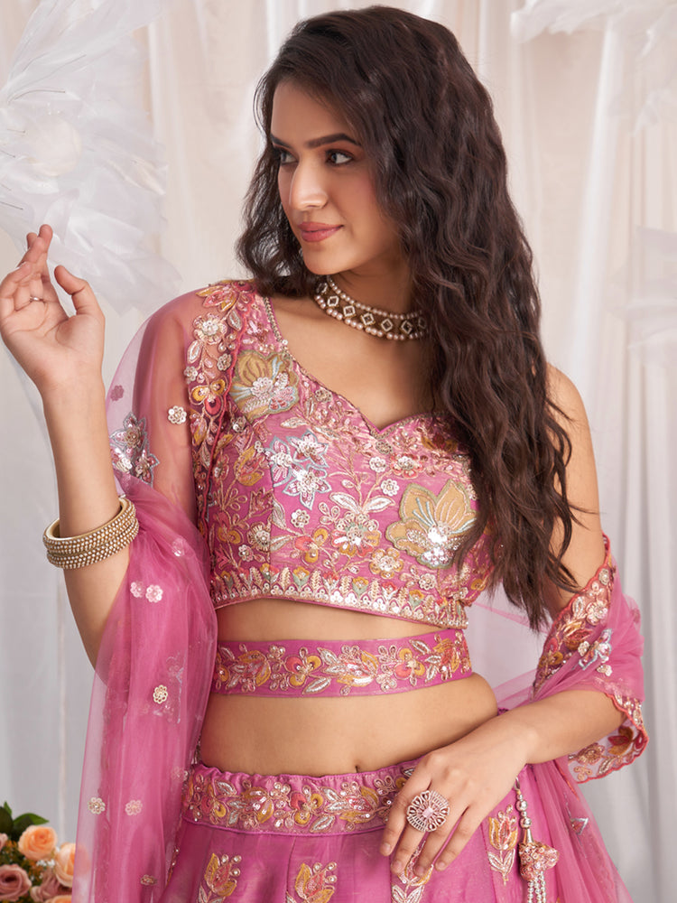 Pink - Organza Patch Embroidered Semi-Stitched Lehenga Choli