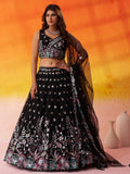BLACK - Net Fabric Sequins Thread & Embroidery Semi-Stitched Lehenga & Unstitched Blouse With Dupatta