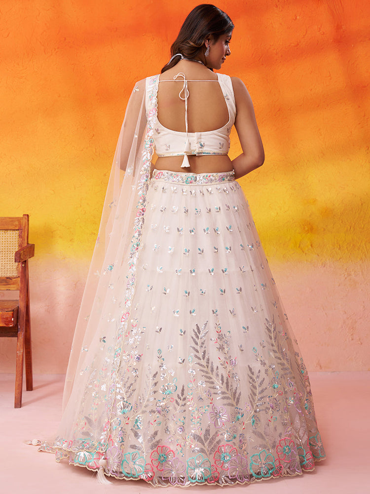 CREAM - Net Fabric Sequins Thread & Embroidery Semi-Stitched Lehenga & Unstitched Blouse With Dupatta