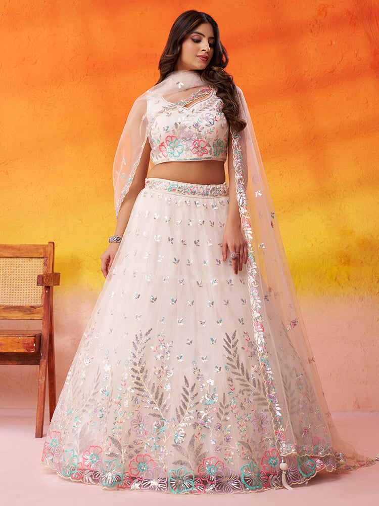CREAM - Net Fabric Sequins Thread & Embroidery Semi-Stitched Lehenga & Unstitched Blouse With Dupatta