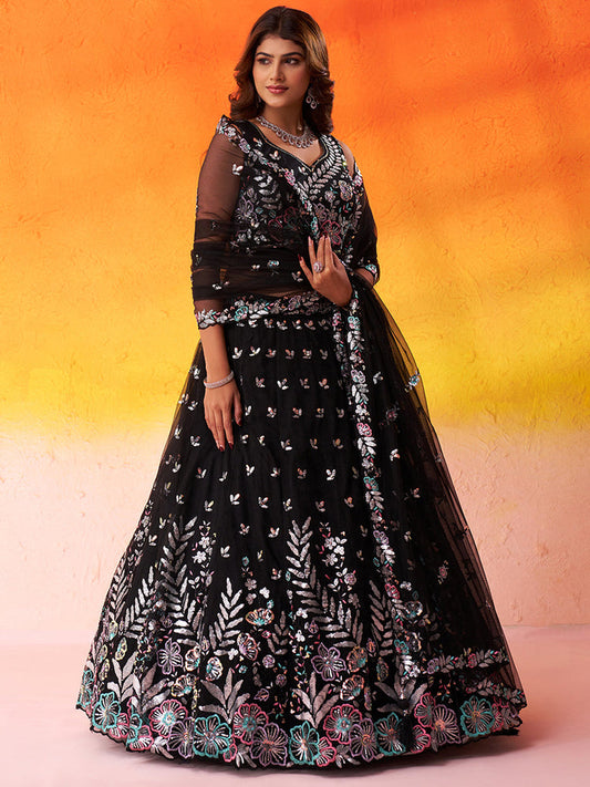 BLACK - Net Fabric Sequins Thread & Embroidery Semi-Stitched Lehenga & Unstitched Blouse With Dupatta