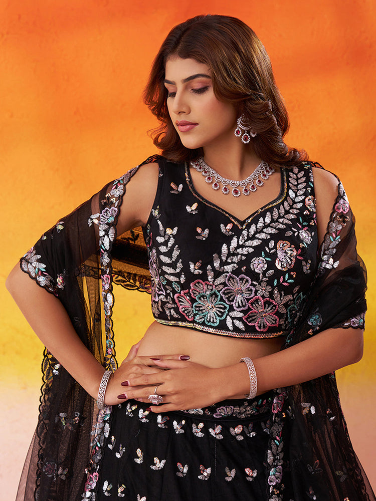 BLACK - Net Fabric Sequins Thread & Embroidery Semi-Stitched Lehenga & Unstitched Blouse With Dupatta