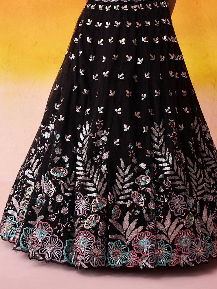 BLACK - Net Fabric Sequins Thread & Embroidery Semi-Stitched Lehenga & Unstitched Blouse With Dupatta