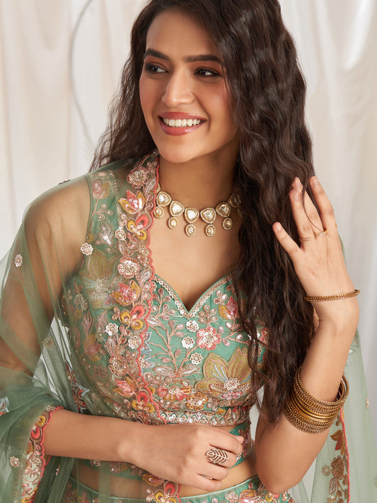 Limegreen - Organza Patch Embroidered Semi-Stitched Lehenga Choli
