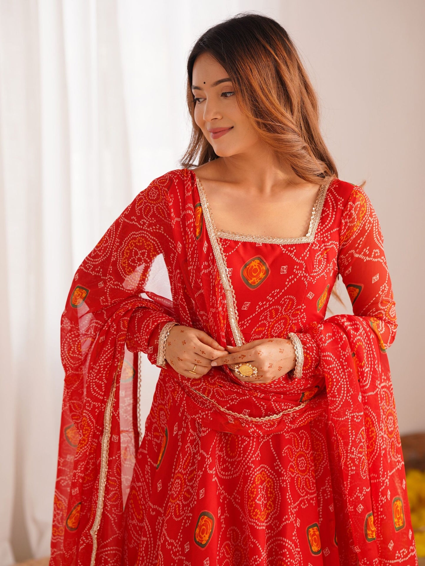 Marvelous Red Bandhani Printed Georgette Festival Wear Anarkali Suit