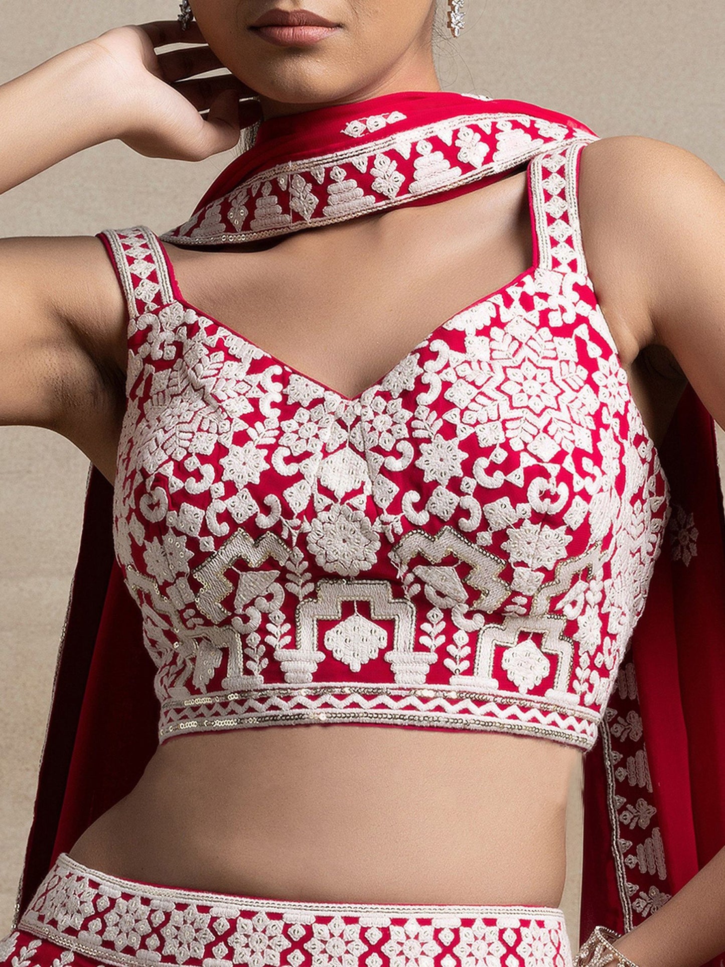 Attractive Red Thread Work Georgette Sangeet Wear Lehenga Choli