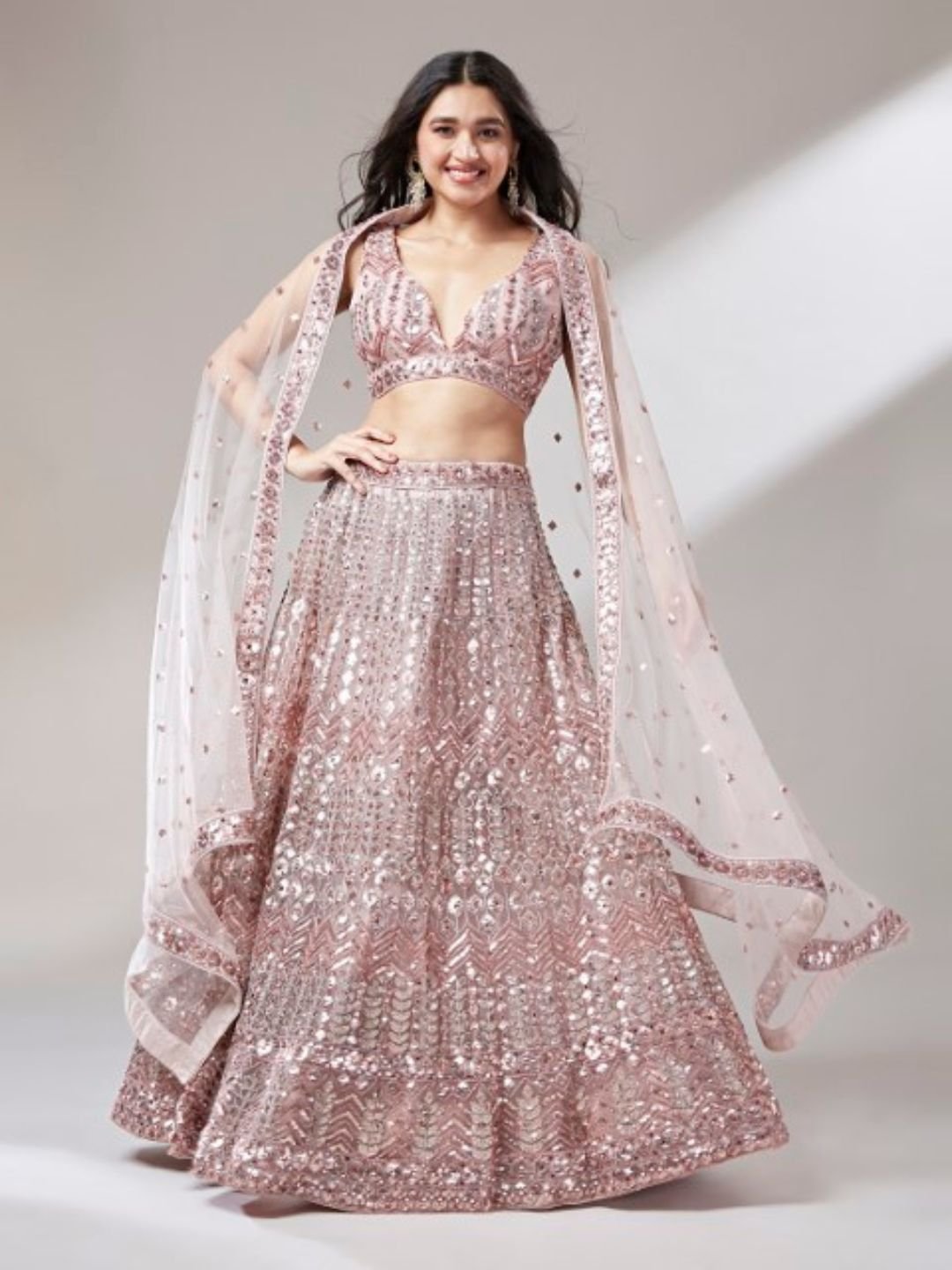 Rose Gold Net Mirror & Sequins embroidery Semi-Stitched Lehenga choli & Dupatta