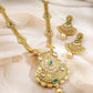 Gold-Plated Emerald Green Stone Studded Traditional Long Brass Necklace Set