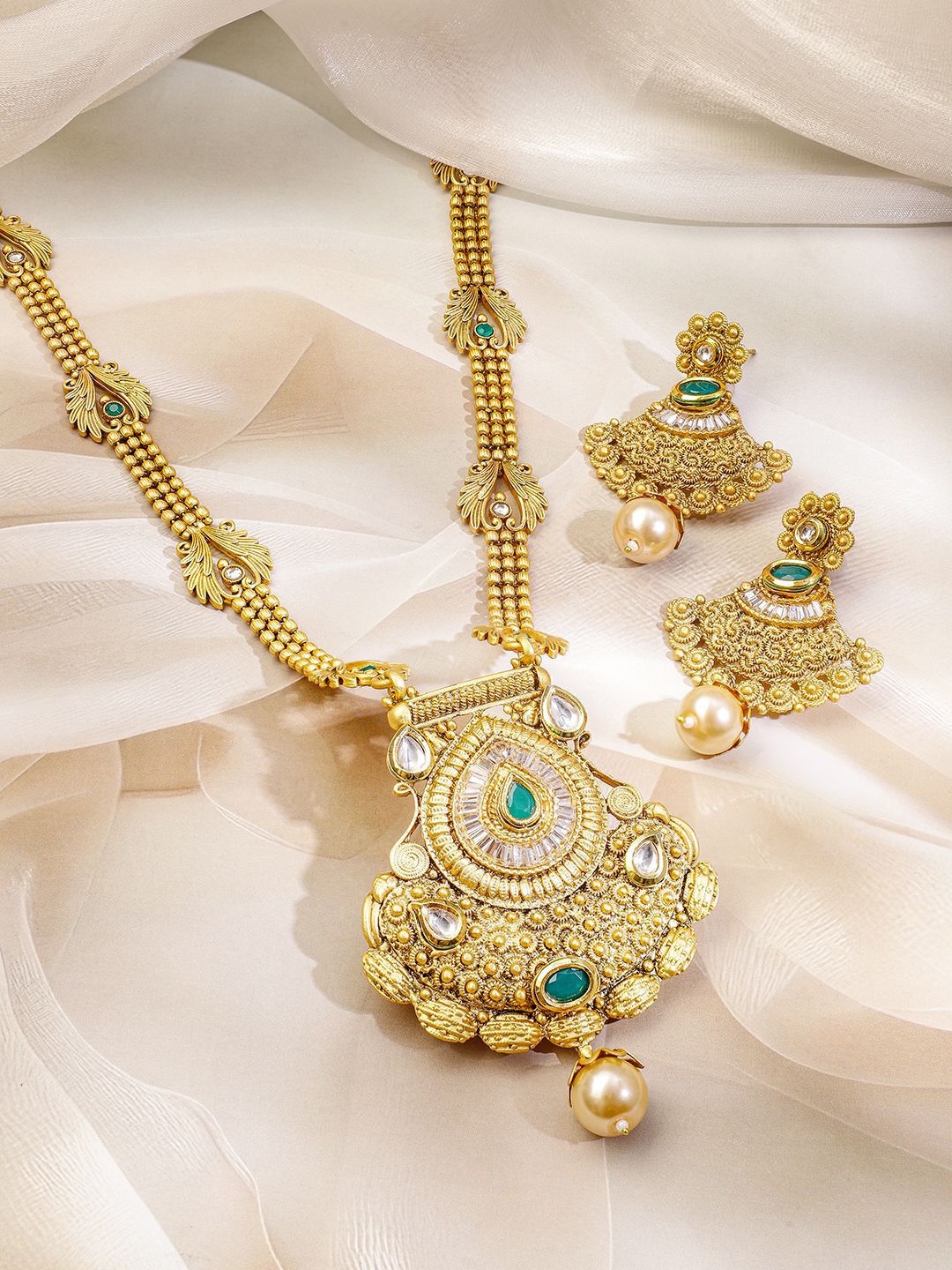 Gold-Plated Emerald Green Stone Studded Traditional Long Brass Necklace Set