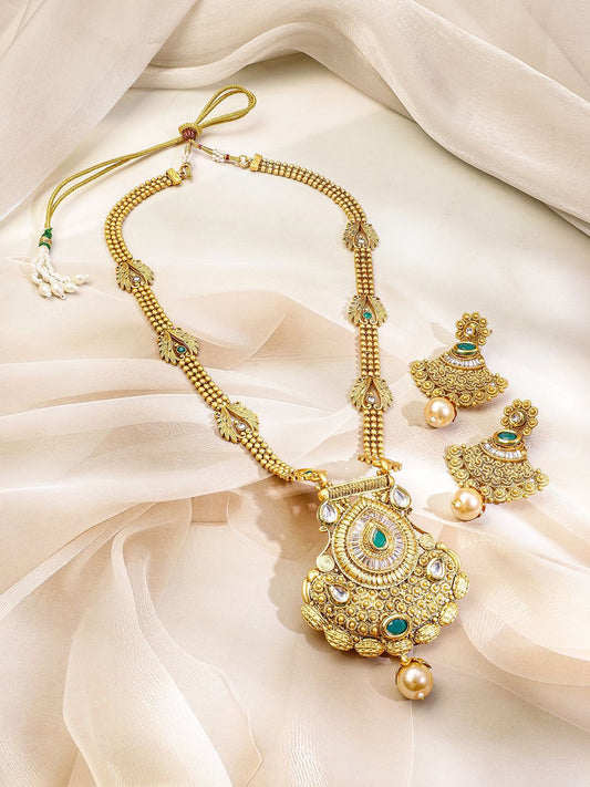 Gold-Plated Emerald Green Stone Studded Traditional Long Brass Necklace Set