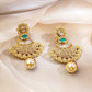 Gold-Plated Emerald Green Stone Studded Traditional Long Brass Necklace Set
