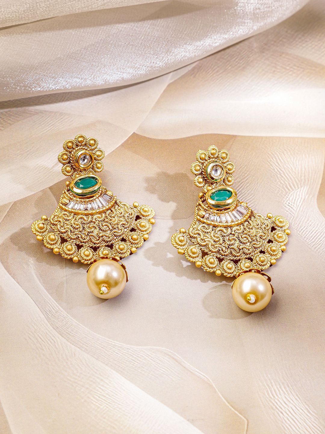 Gold-Plated Emerald Green Stone Studded Traditional Long Brass Necklace Set