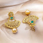 Gold-Plated Emerald Green Stone Studded Traditional Long Brass Necklace Set