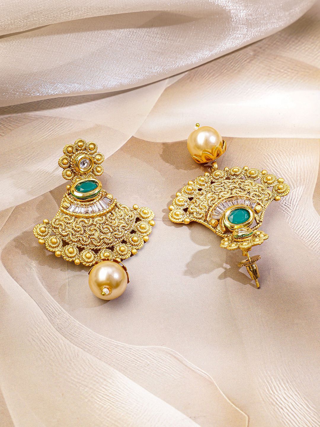 Gold-Plated Emerald Green Stone Studded Traditional Long Brass Necklace Set