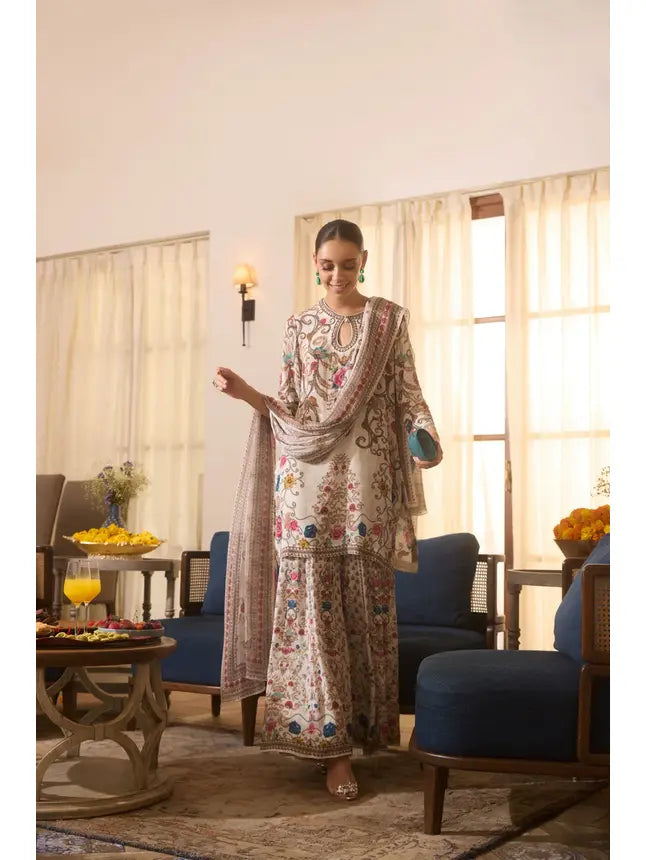 Champagne Gold Printed Crepe Silk Sharara Set