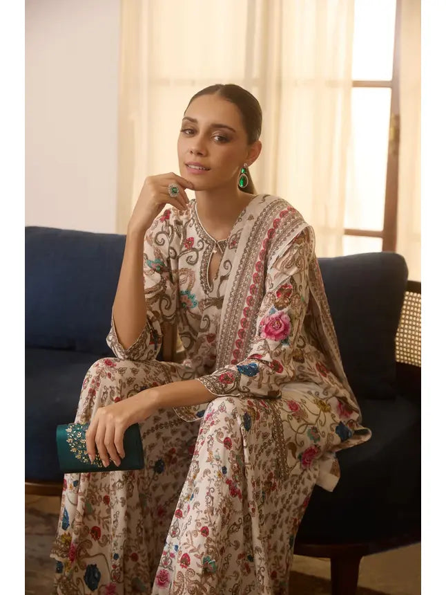 Champagne Gold Printed Crepe Silk Sharara Set