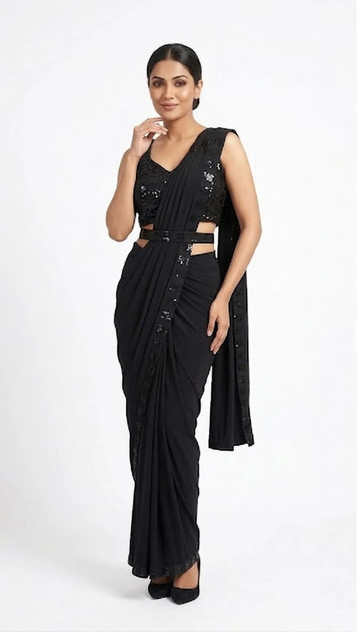 Embellished Solid Plain Striped Pre Draped Saree Lycra Saree Black