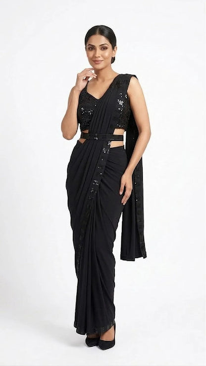 Embellished Solid Plain Striped Pre Draped Saree Lycra Saree Black