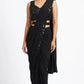 Embellished Solid Plain Striped Pre Draped Saree Lycra Saree Black