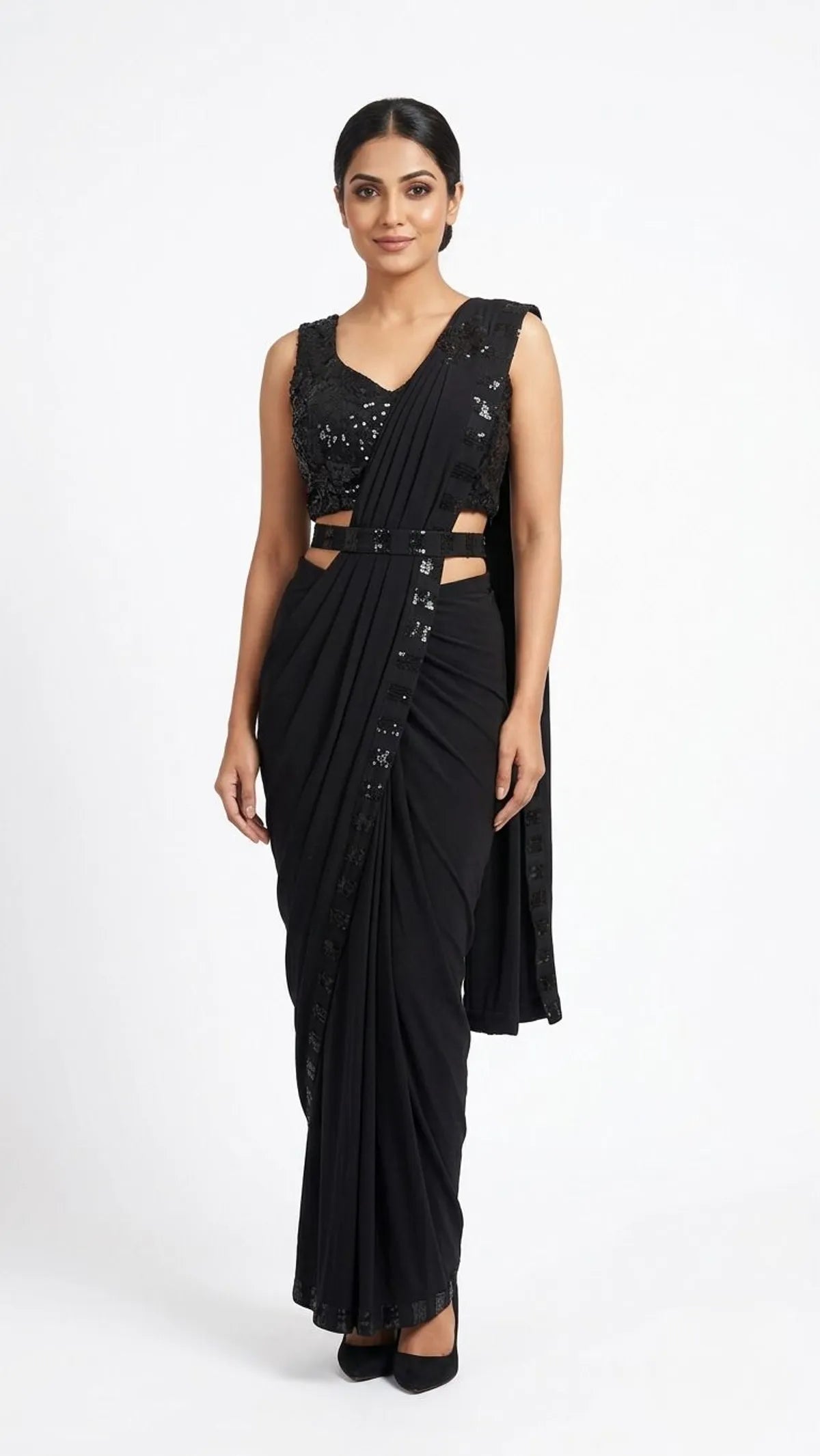 Embellished Solid Plain Striped Pre Draped Saree Lycra Saree Black
