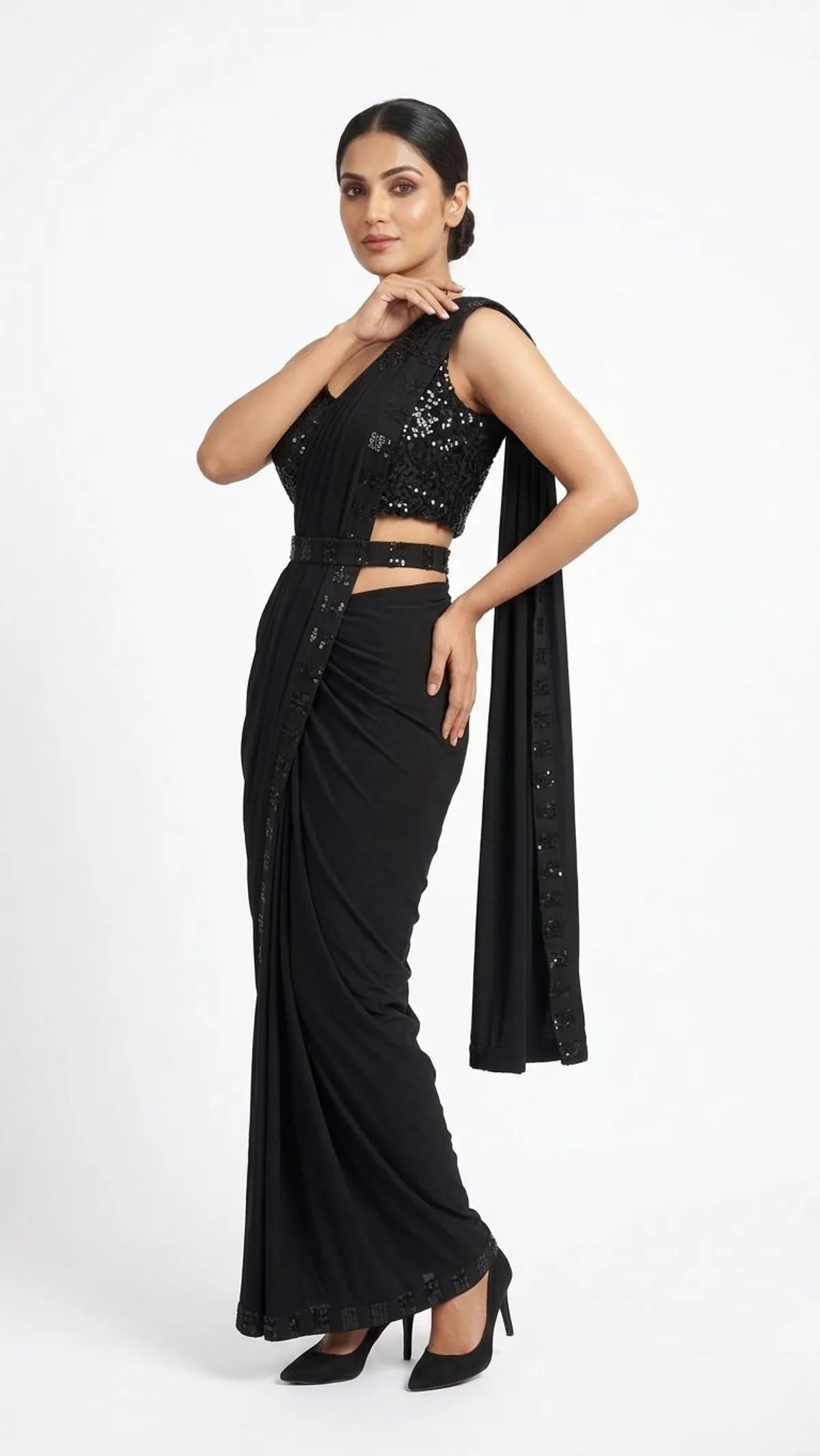 Embellished Solid Plain Striped Pre Draped Saree Lycra Saree Black