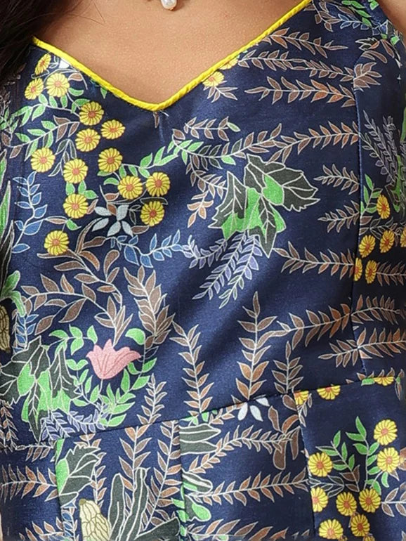 Women Navy Floral Sleeveless Anarkali Maxi Kurta