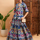 Women Navy Floral Anarkali Skirt With Blazer