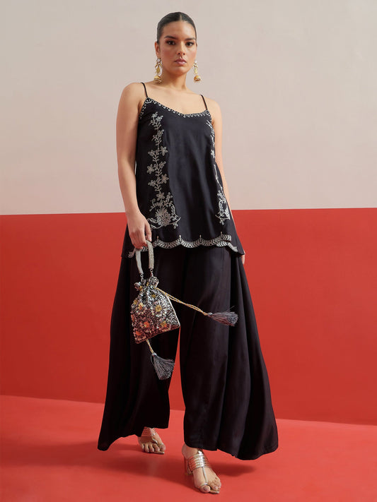 Women Black Embroidered Strappy Top With Palazzos
