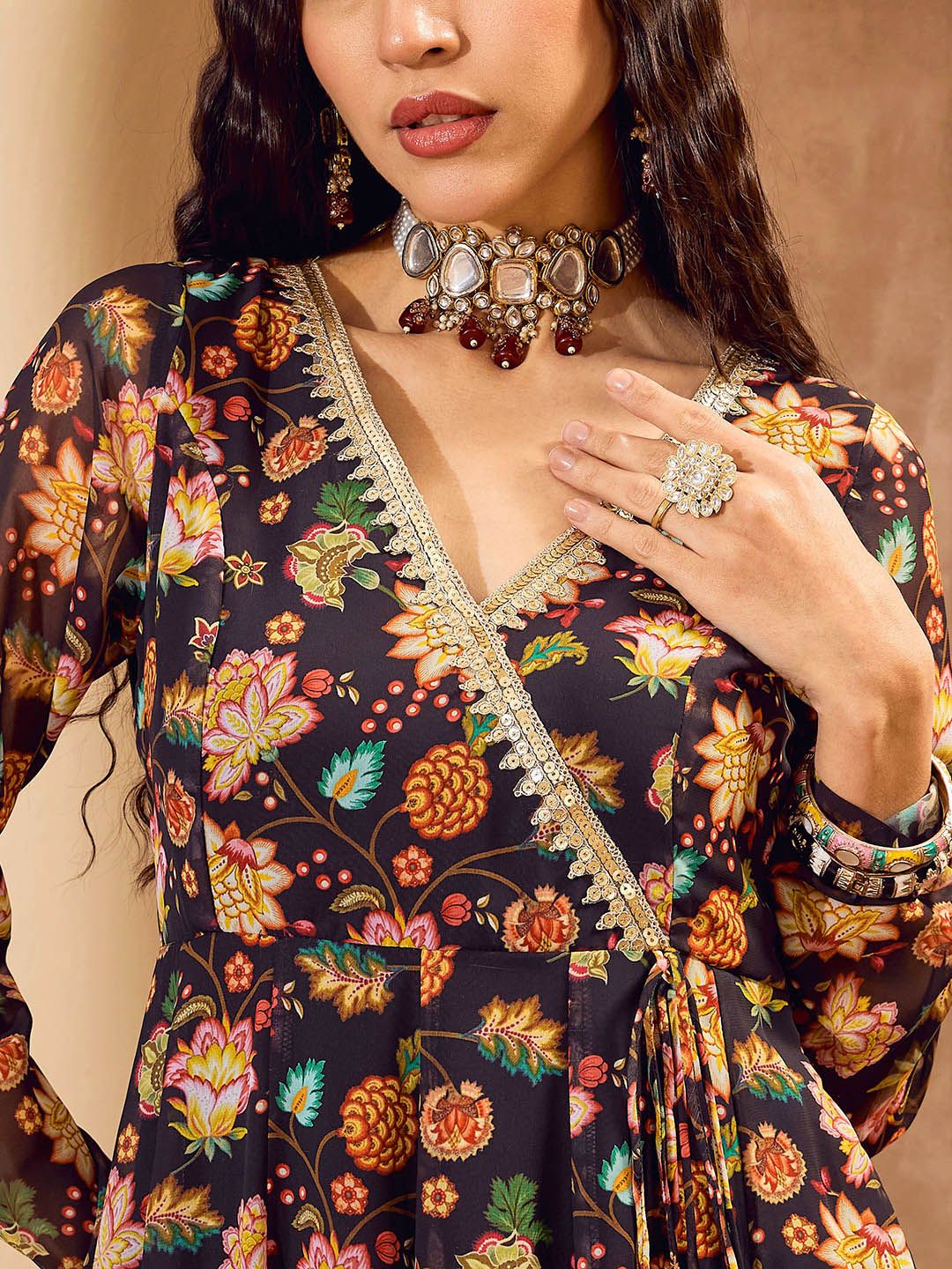 Alia Cut Floral Printed Angrakha Gotta Patti Anarkali Kurta with Palazzo