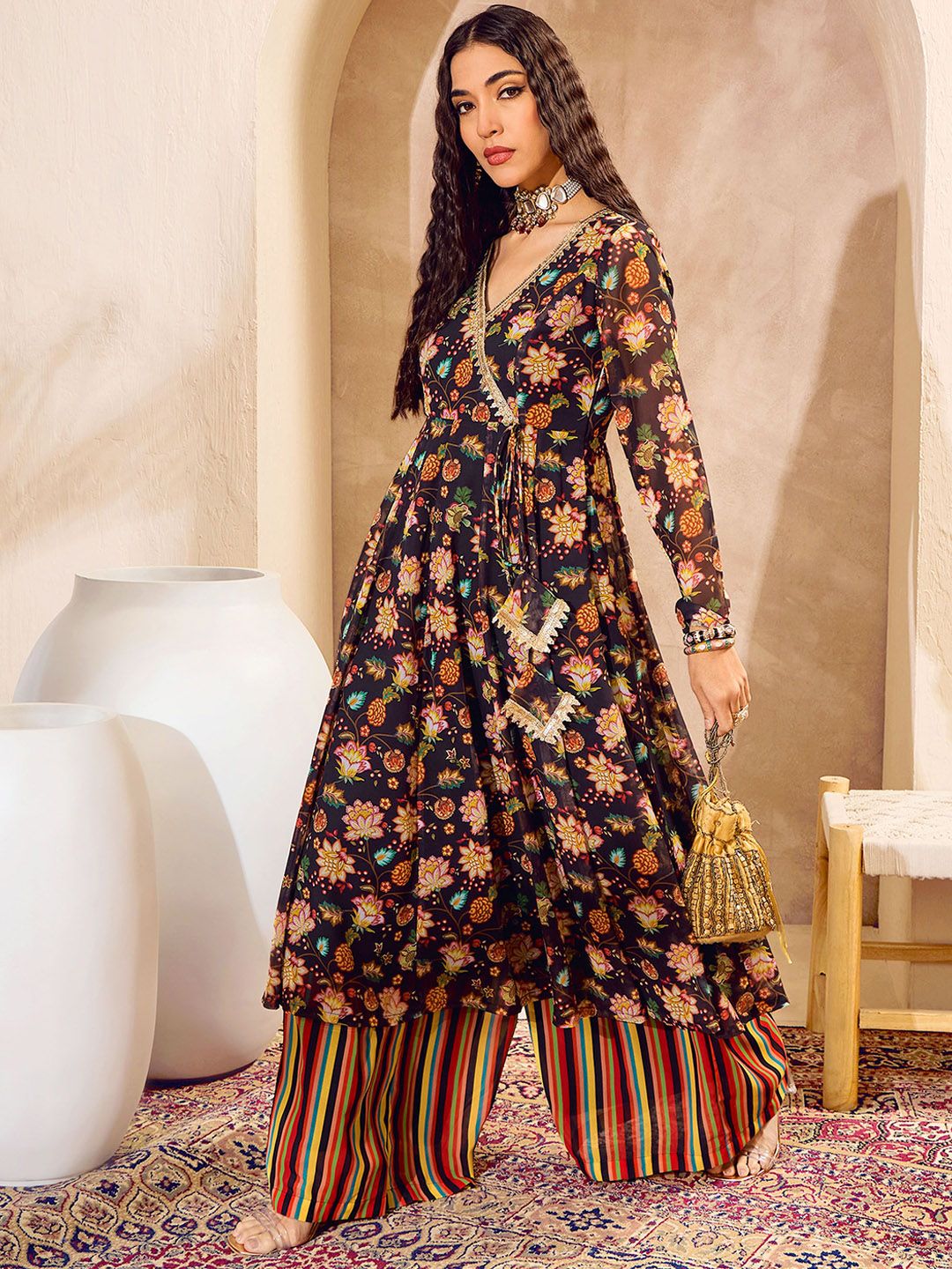Alia Cut Floral Printed Angrakha Gotta Patti Anarkali Kurta with Palazzo