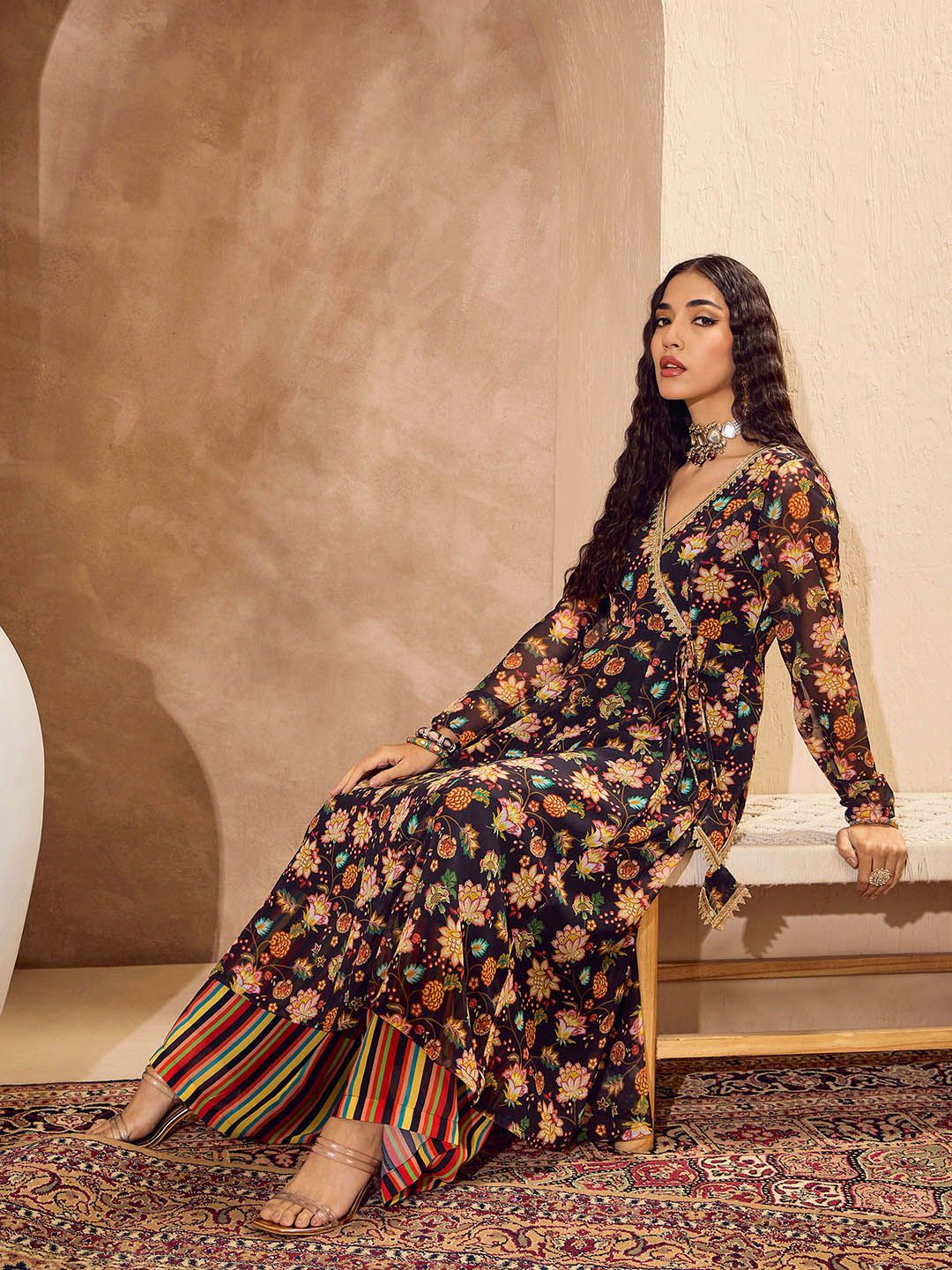 Alia Cut Floral Printed Angrakha Gotta Patti Anarkali Kurta with Palazzo