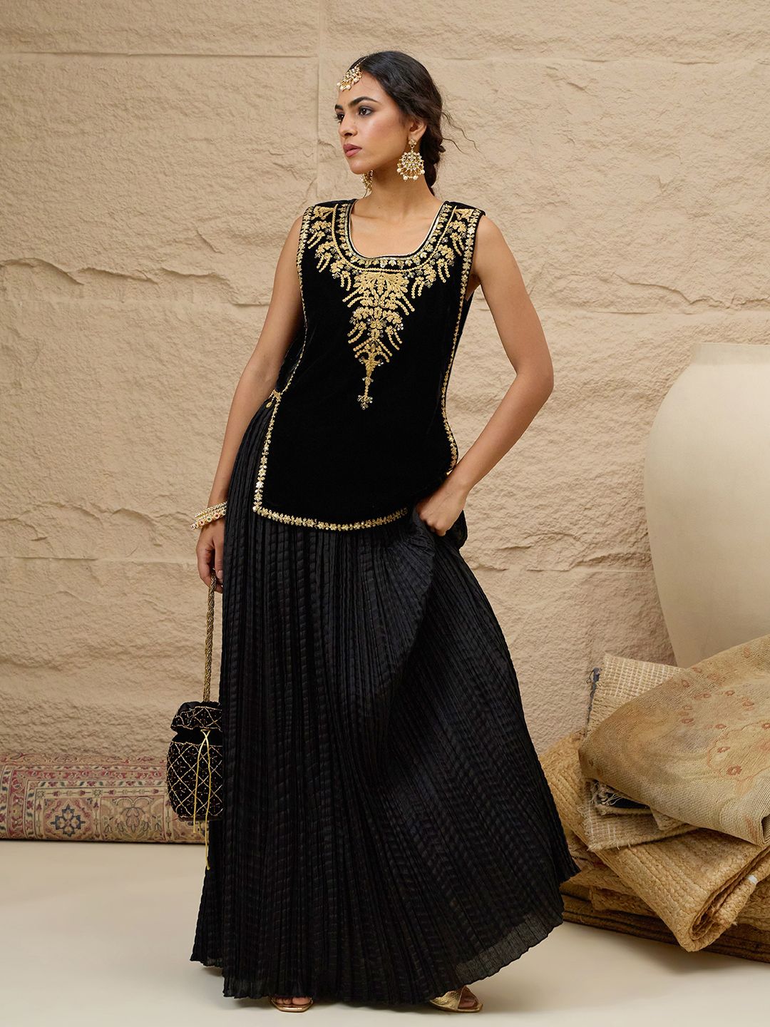 Embroidered Round Neck Top With Skirt Co-Ords Set