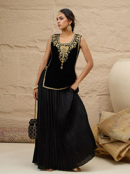 Embroidered Round Neck Top With Skirt Co-Ords Set