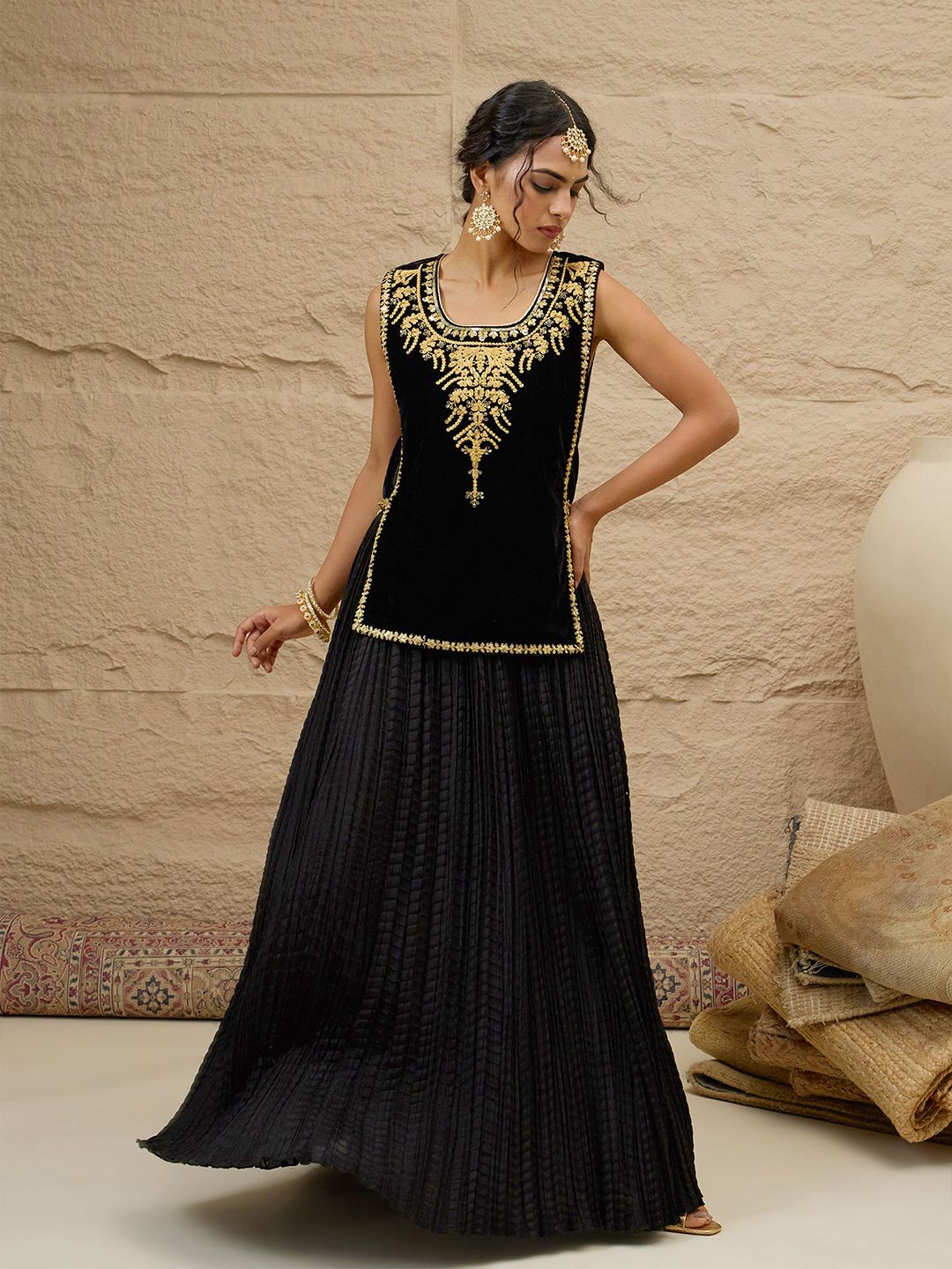 Embroidered Round Neck Top With Skirt Co-Ords Set