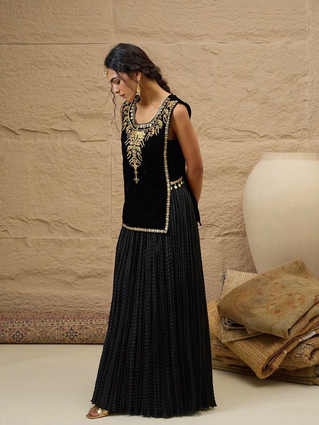 Embroidered Round Neck Top With Skirt Co-Ords Set