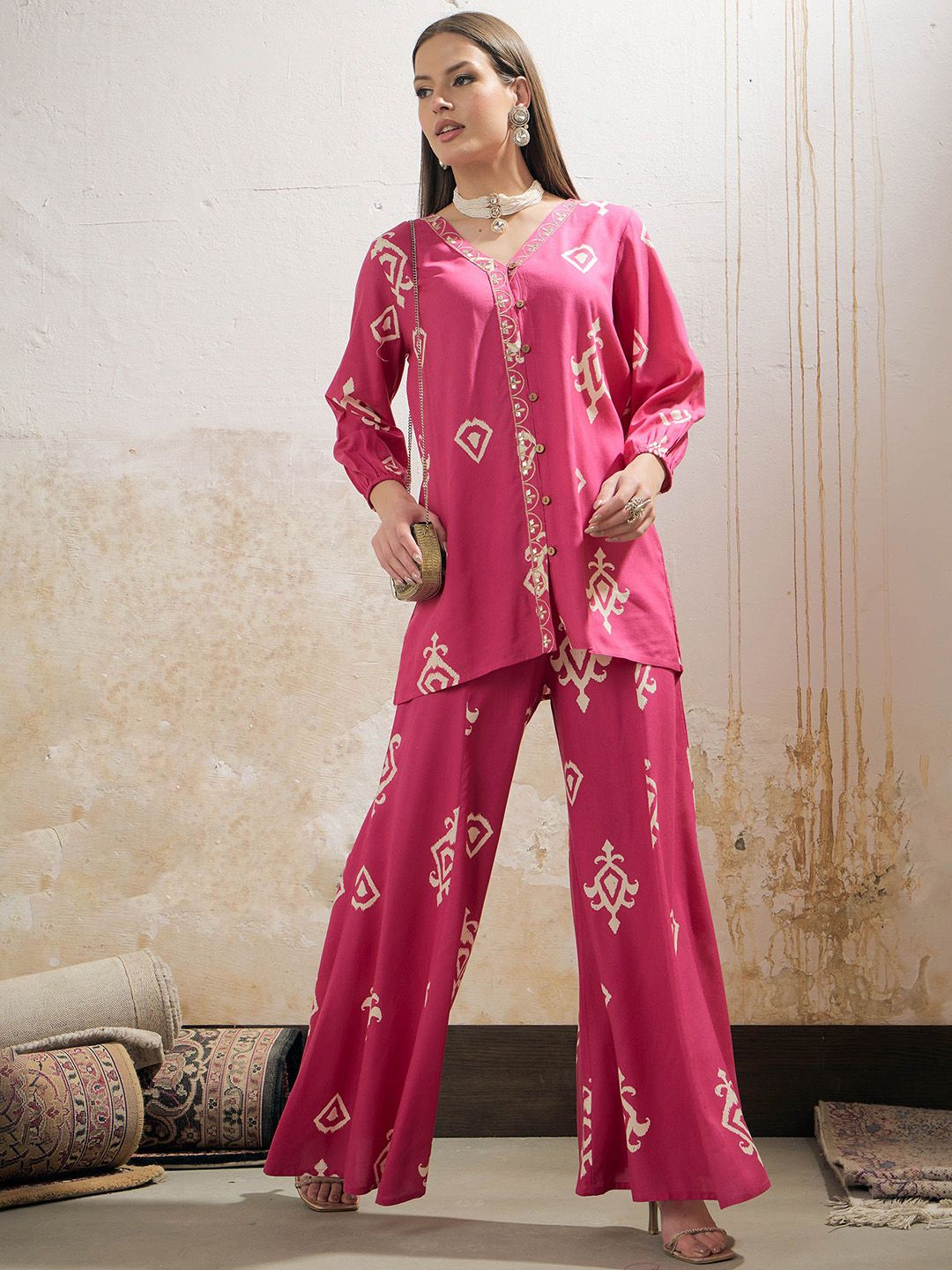 Ethnic Motif Printed Gotta Patti Work Shirt With Palazzos