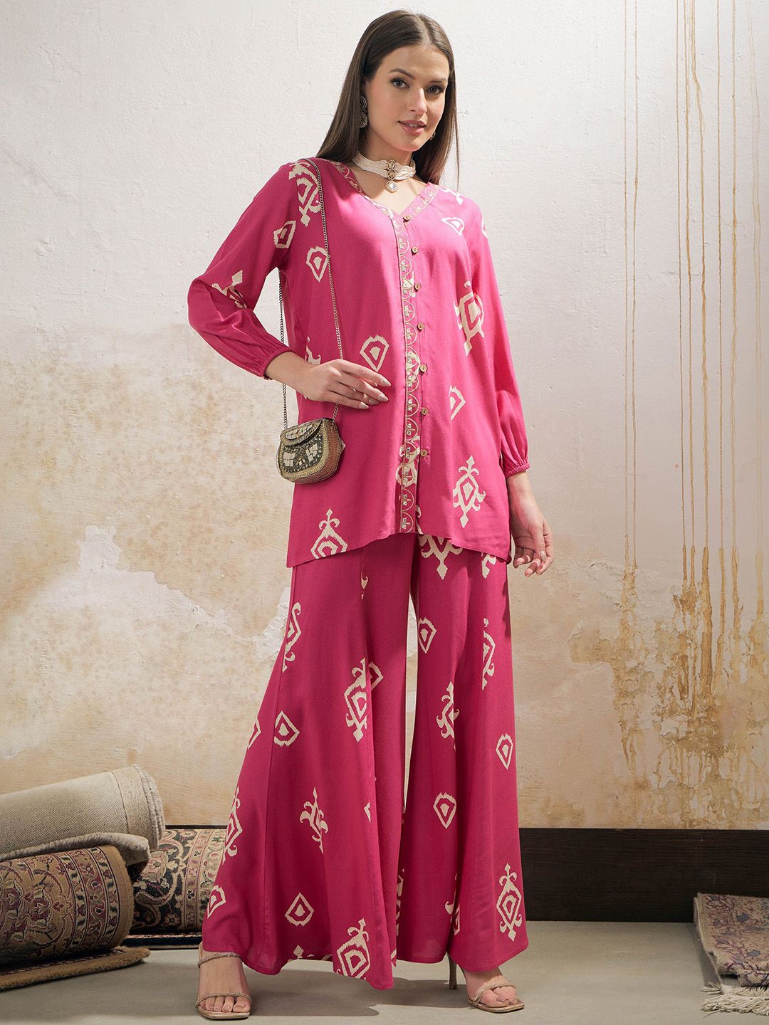 Ethnic Motif Printed Gotta Patti Work Shirt With Palazzos