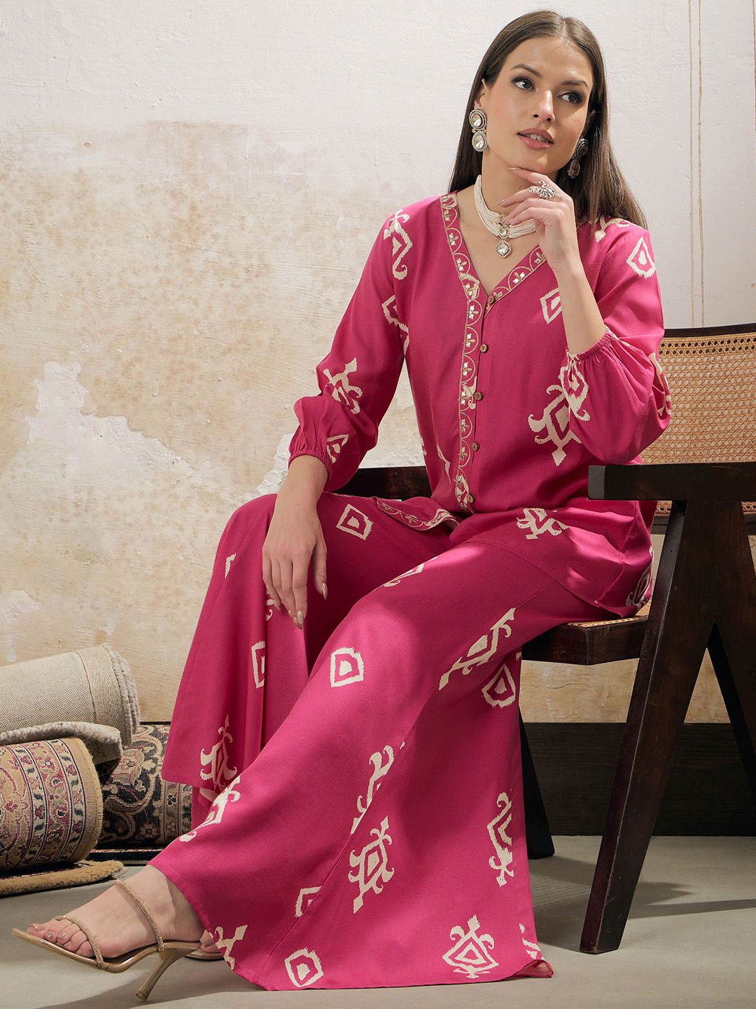 Ethnic Motif Printed Gotta Patti Work Shirt With Palazzos