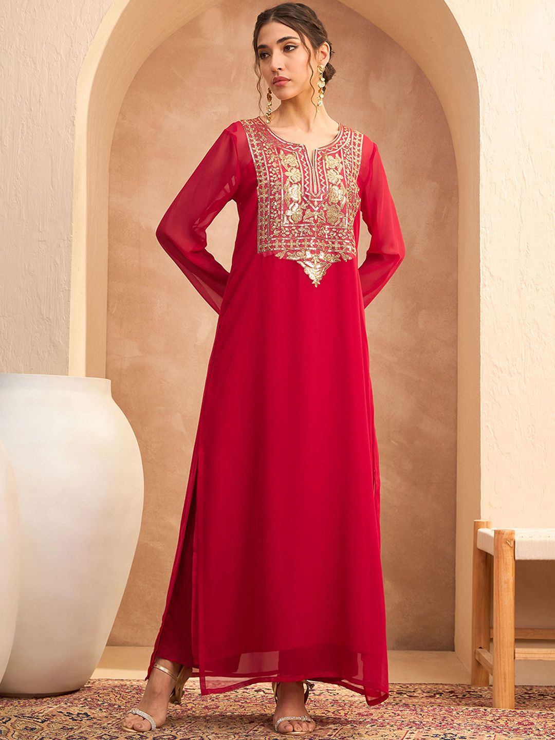 Ethnic Motifs Embroidered Georgette Maxi Ethnic Dress
