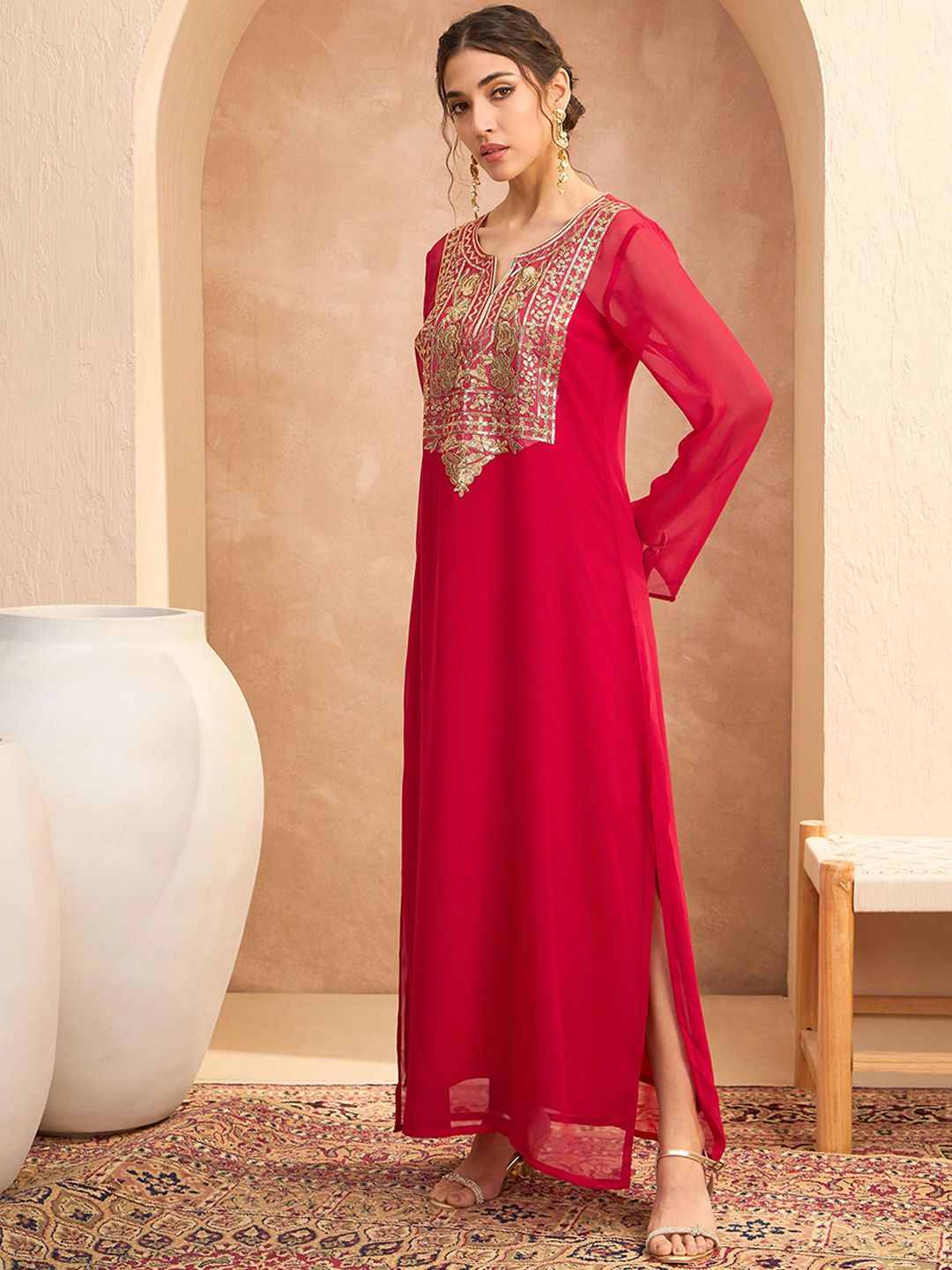 Ethnic Motifs Embroidered Georgette Maxi Ethnic Dress