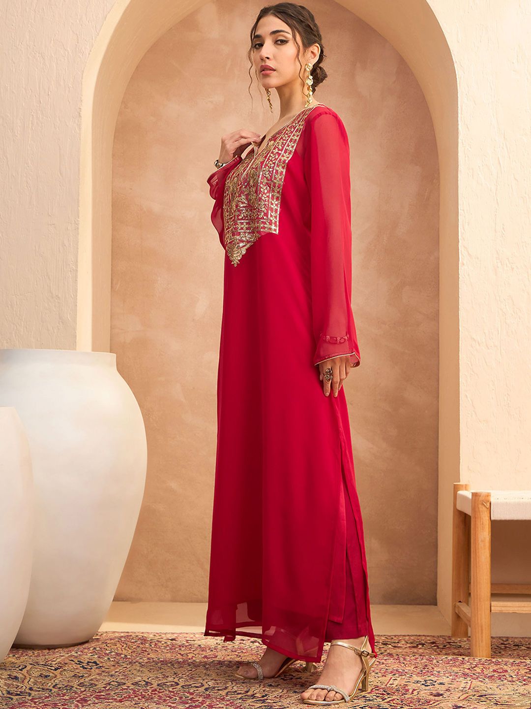 Ethnic Motifs Embroidered Georgette Maxi Ethnic Dress