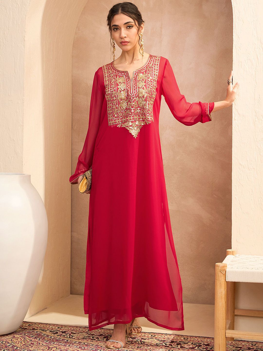 Ethnic Motifs Embroidered Georgette Maxi Ethnic Dress