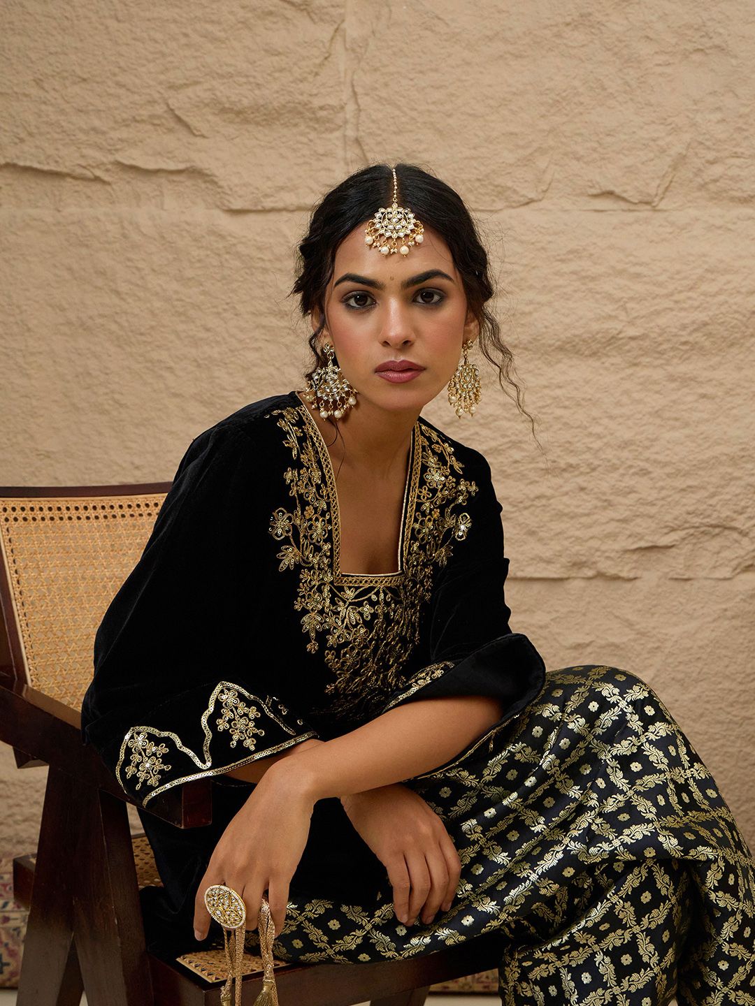 Ethnic Motifs Embroidered Thread Work Velvet Kurta With Patiala