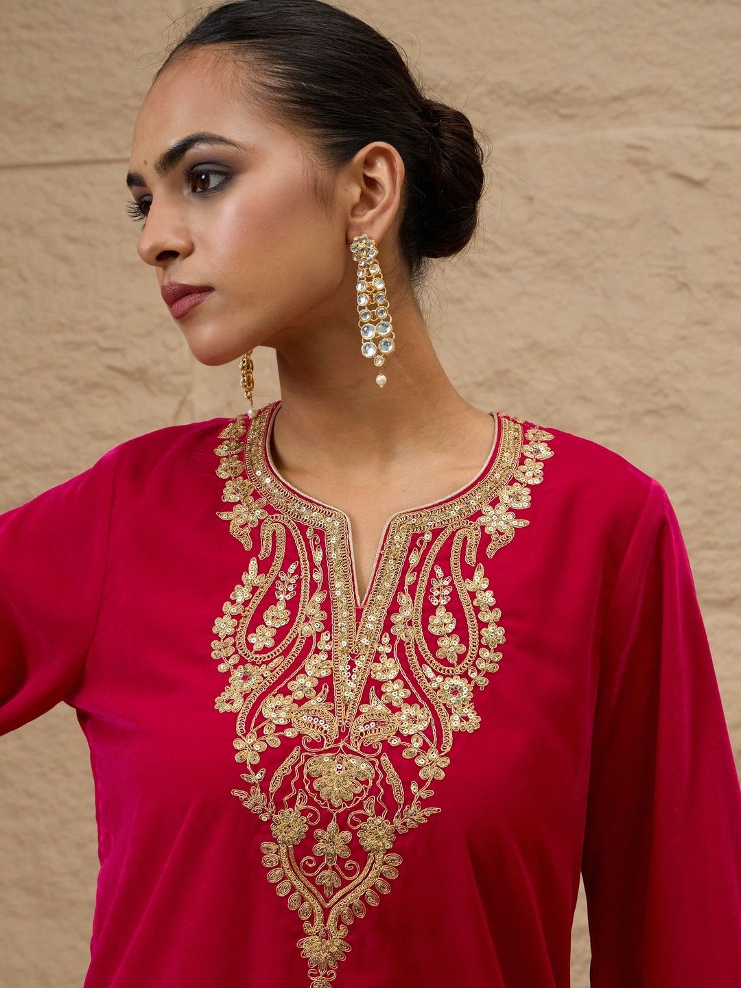 Ethnic Motifs Embroidered Thread Work Velvet Kurta With Trousers