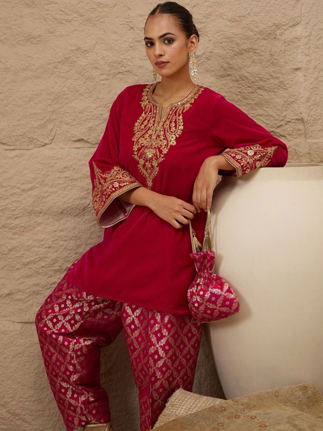 Ethnic Motifs Embroidered Thread Work Velvet Kurta With Trousers
